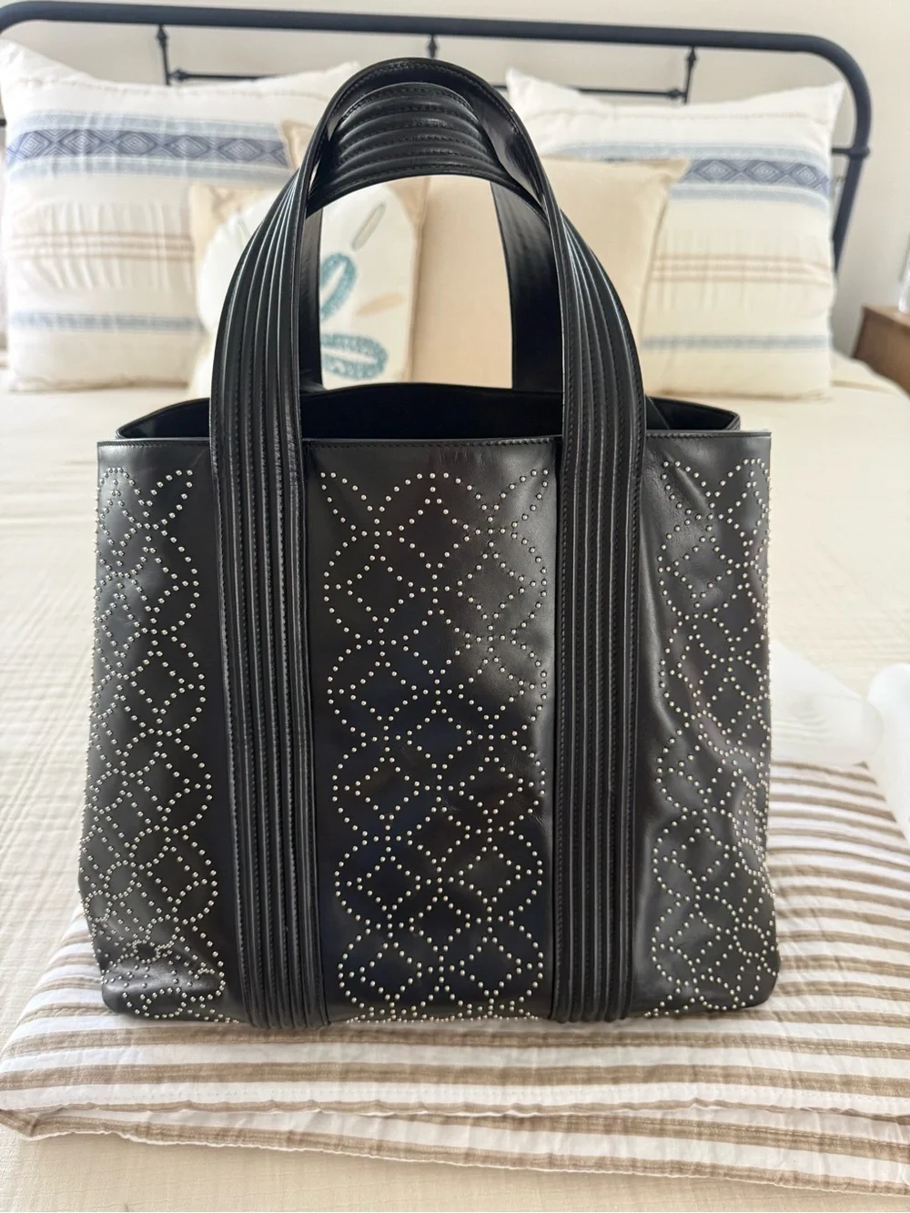 ALAIA Arabesque Black Studded Leather Tote Bag